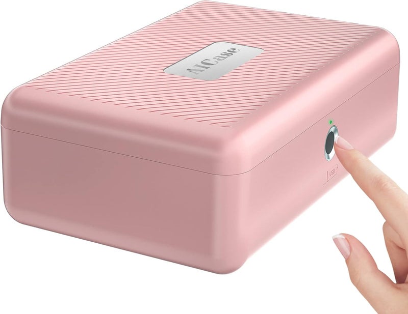 AICase Biometric Fingerprint Storage Box, Portable Jewelry Cash Safe Storage Box, Rechargeable Lock Box for Car Home Office Travel (Pink) - Image 1